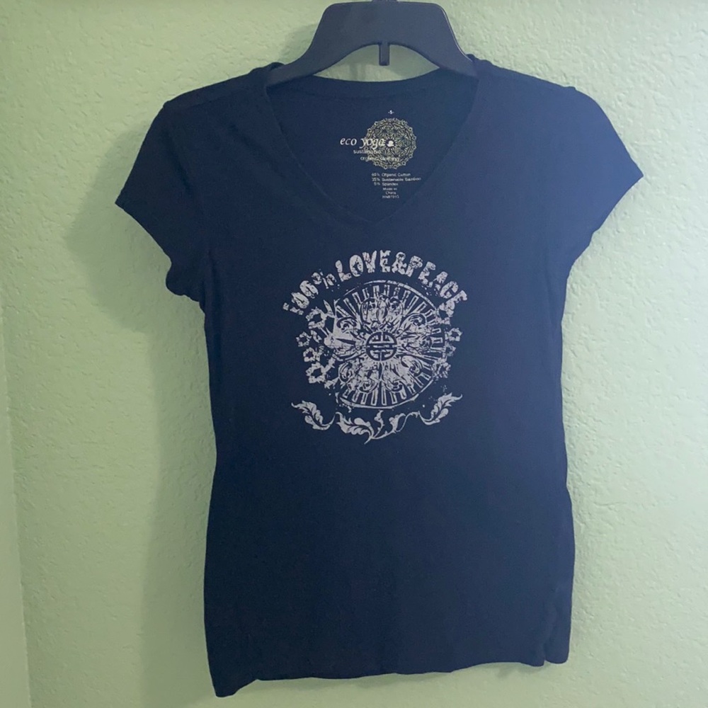 100% Love & Peace black V-neck t-shirt Size S